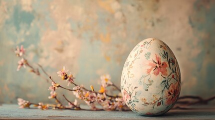Decorative Floral Easter Egg with Branch and Soft Background