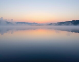 Fototapeta premium misty lake surface at sunrise, pastel colors, calm and clean composition