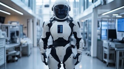 Futuristic humanoid robot in a modern laboratory setting