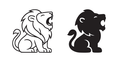 Adorable cute baby lion cub roar black silhouette design icon, outline solid animal  funny logotype symbol