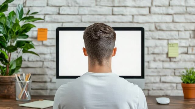 Person Working at Desk with Computer Monitor Surrounded by Plants and Stationery in Bright Modern Office Setting