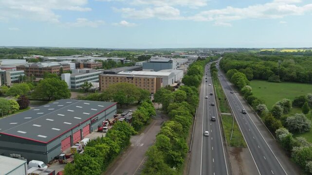 Aerial drone view of warehouses and industrial units near Stevenage England in the logistics sector