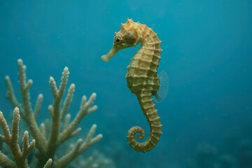 Seahorse Floating in Blue Ocean