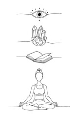 set of Spiritual symbols representing meditation, crystals, and knowledge  
