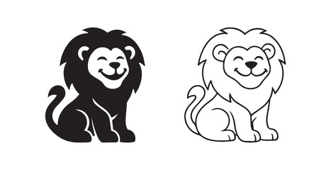 Adorable cute baby lion cub black silhouette design icon, outline solid animal  funny logotype symbol
