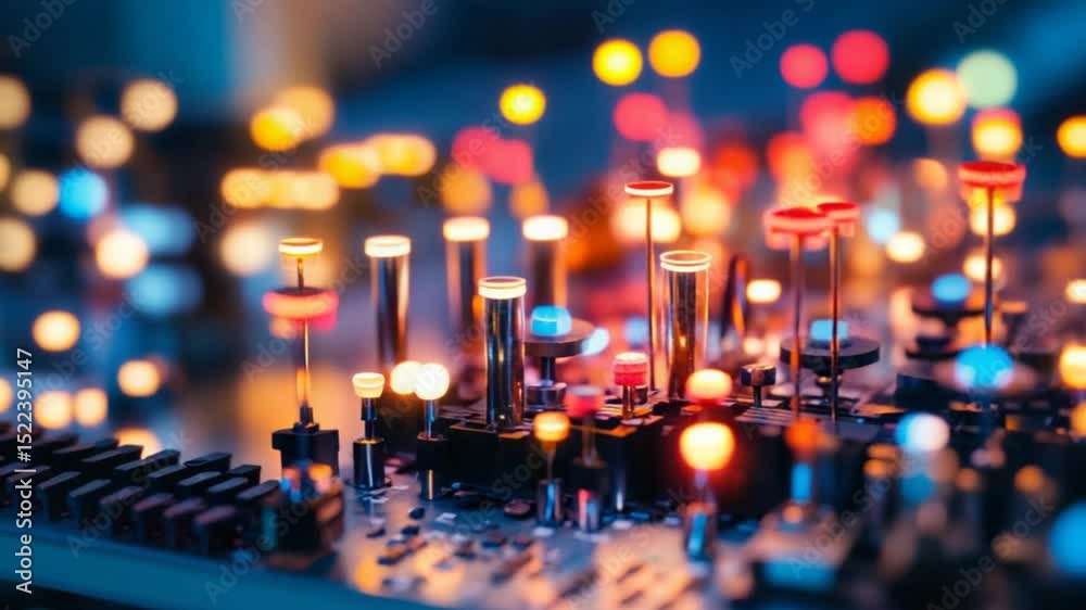 Poster macro view of a futuristic circuit board with glowing components and bokeh lights