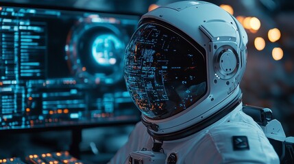 Astronaut in Futuristic Spacesuit Working with Advanced Technology