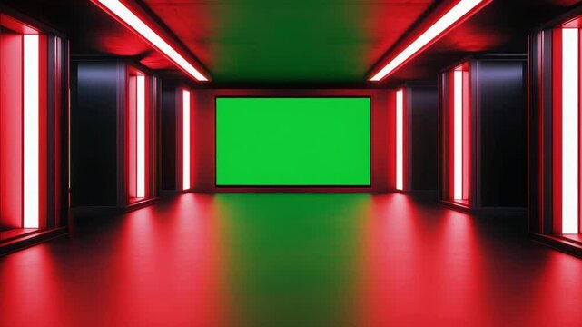 Futuristic hallway with dramatic lighting in a dark environment, featuring bright red neon accents and empty wall