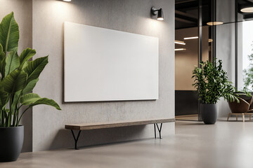 mockup. large, plain white canvas, artwork, mounted horizontally in landscape orientation on the wall of a modern office lobby with good lighting and potted plants