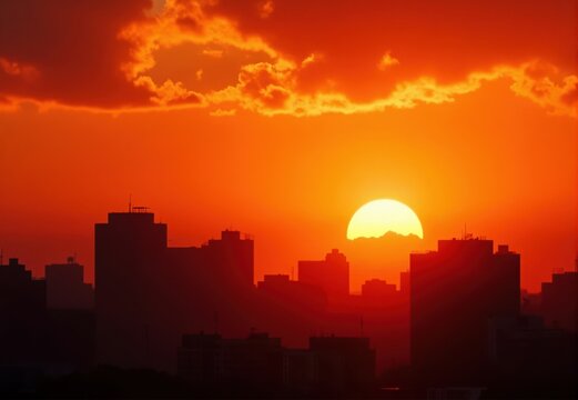 City Skyline Silhouette at Sunset with Partially Visible Sun
