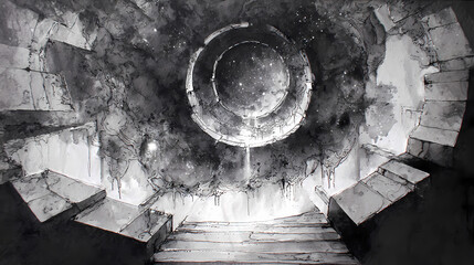 album art for avant-garde doom band | moral collapse | paranoiac awe | ink-stained gray | spiral descent | melting architecture | spectral light leaks | scratched silhouette | existential myth |