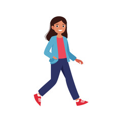 Happy girl walking casual outfit blue jacket red shoes