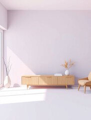 Minimalist modern living room with soft pastel decor
