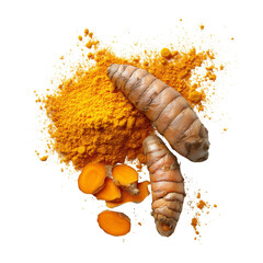 Aerial view of turmeric roots and slices with turmeric powder against a white background studio shot