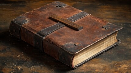 Obraz premium Antique Leather Bound Book with Cross on Rustic Wooden Surface