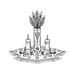 Occult candle setup with herbs and crystal ball on a table  