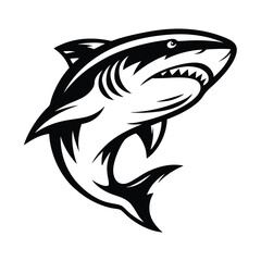 Monochrome Shark Leaping Predatory Fish Over Stylized Ocean Waves Design