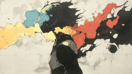 Abstract illustration of a silhouette with vibrant colors emanating from the head, representing creativity, imagination, and the flow of ideas in a dynamic artistic expression