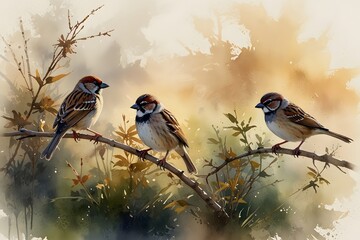 Sparrows in a morning light setting in watercolor style