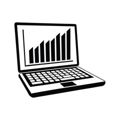 Laptop Displaying Bar Chart, Progress Growing Bars, Technology Icon, Black and White