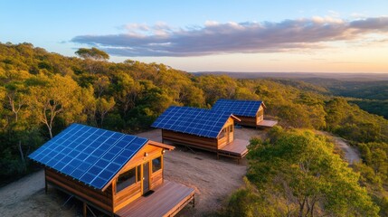 Eco-friendly cabins with solar panels in a lush green landscape at sunset.