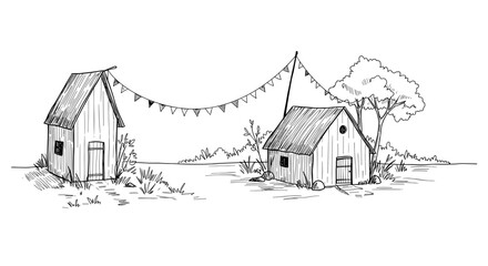 Sketch of two rustic houses with bunting flags and tree background  