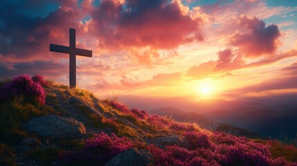 Serene Sunset Landscape with Cross and Blossoming Flowers in Nature