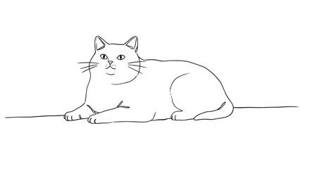 Line drawing of a relaxed cat resting on a flat surface  