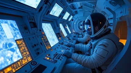 Astronauts in Control Room of Spacecraft During Space Mission