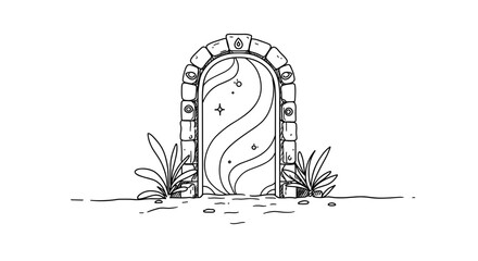 Decorative arched door with swirling design and plants around  