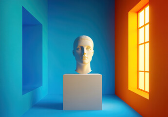A white head statue sits in front of a blue wall and a red wall