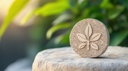 Natural stone with leaf design placed on a textured surface, surrounded by greenery.