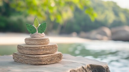 A calming stack of stones with a leaf accent set against a serene water backdrop.