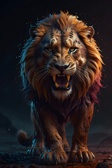 Fototapeta premium Smilodon Galaxy – Roar of the Ancient Flame. A cosmic vision of the legendary saber-toothed Smilodon, set against radiant volcanic plains. This powerful artwork evokes primal strength.