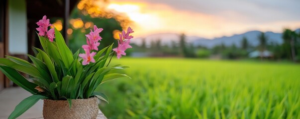 Vibrant flowers in a pot with a serene sunset over lush green fields.