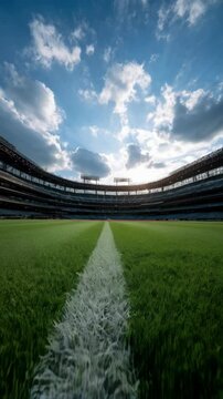 Scenic stadium interior shot with vibrant green grass and white baselines under partly cloudy sky during daytime sporting event