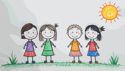 Fototapeta premium Cheerful kids standing together under the sun in a playful and colorful drawing style