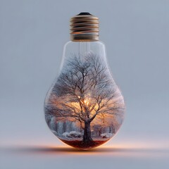 A serene winter landscape reflected within the glass of a transparent light bulb featuring a lone tree silhouetted against a warm glowing sunset