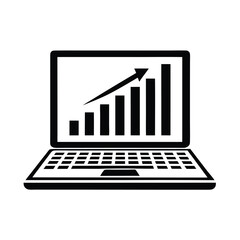 Laptop Displaying Growing Bar Chart with Upward Arrow, Black Silhouette, Clean