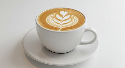 Latte Art Coffee In White Ceramic Cup On White Saucer Against A White Background