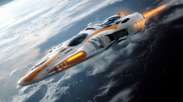 Futuristic spacecraft soaring through Earth's atmosphere in space