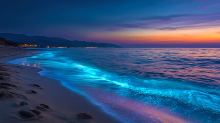 Fototapeta premium Bioluminescent waves under a vibrant sunset on a tranquil beach.