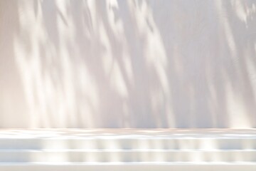 Minimalist White Wall with Tree Shadows and Steps for Product Display or Mockup in Natural Sunlight
