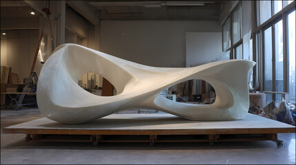 editorial for modern sculpture exhibit | landscape embodiment | monumental calm | polished alabaster | asymmetric massing | landscape-integrated forms | pierced volumes | subtractive carving |