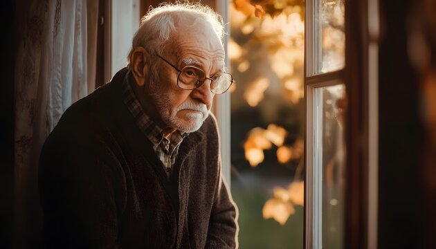 Elderly man looking out window, pensive expression. - Powered by Adobe