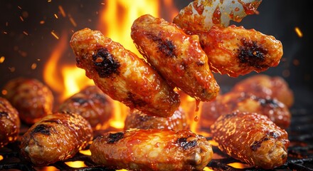 Close Up Of Grilled Chicken Wings With Tongs Over Hot Flames and Charcoal