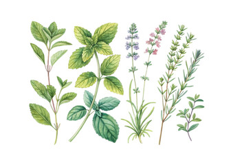 Watercolor illustration of hand-drawn herbs in botanical style on white background featuring delicate greenery and organic textures ideal for natural design and culinary themes.