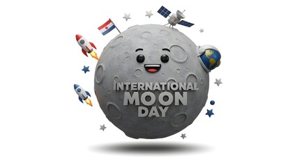 Fototapeta premium Design a high-resolution 3D logo or mascot icon for International Moon Day, isolated on a white background. 
