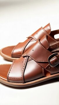 A pair of brown leather Peshawari chappal sandals, featuring an elegant crossing design on a white background showcasing fashion footwear.