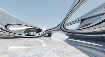 Cutting edge 3d architecture with polished aluminum elements and smooth curved surfaces in future style